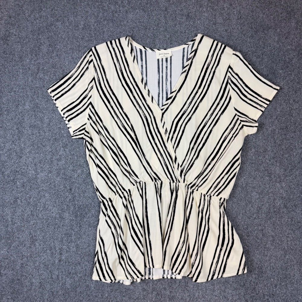 Free Kisses Womens XL Blouse Cream Black Striped V-Neck Peplum Short Sleeve Top